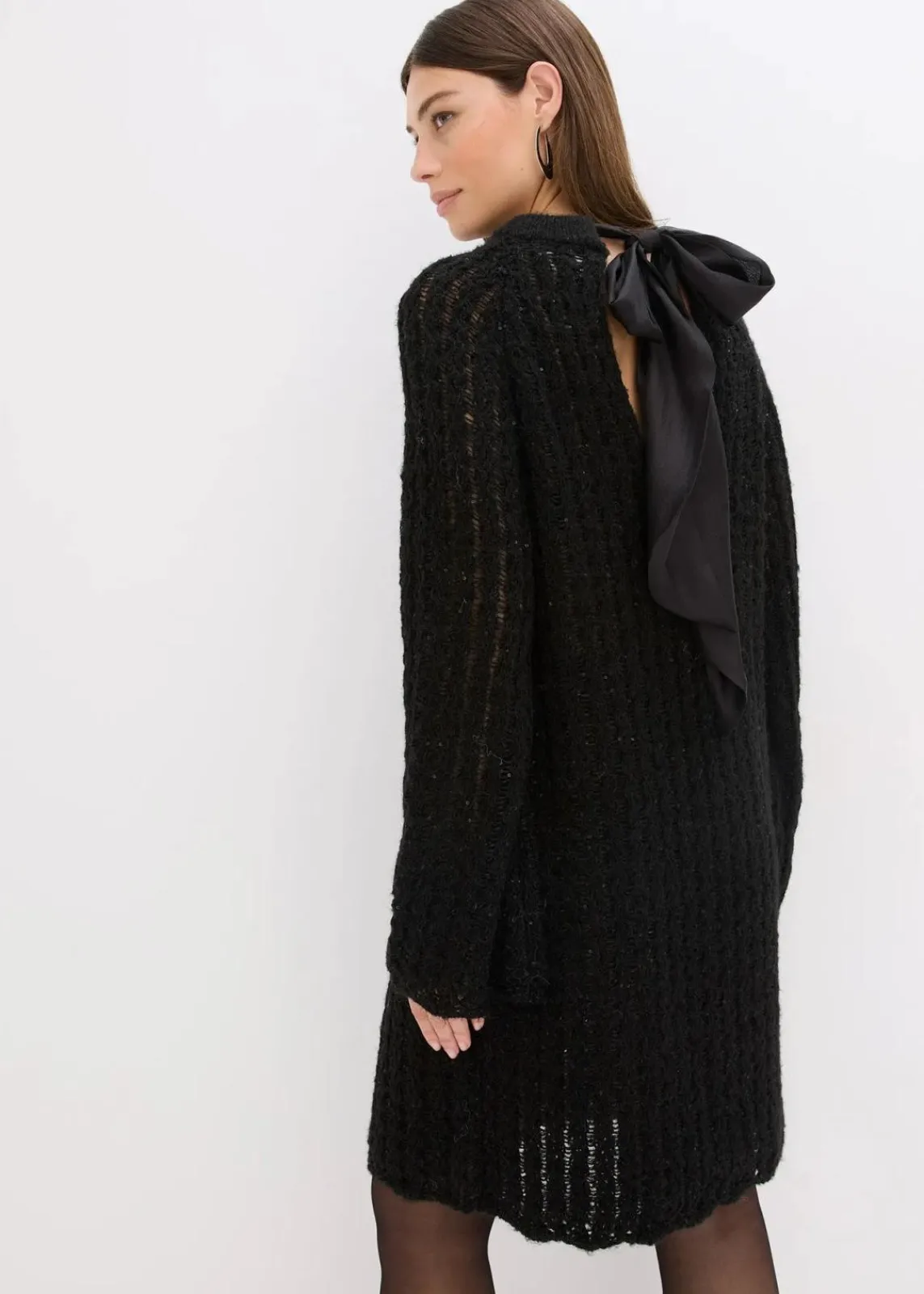 bonprix Bekleidung·Umstandsmode|Strickmode^Mini-Strickkleid mit Satin-Schleife und leichter Transparenz schwarz
