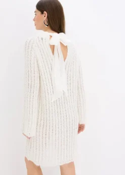 bonprix Bekleidung·Umstandsmode|Strickmode^Mini-Strickkleid mit Satin-Schleife und leichter Transparenz wollweiß