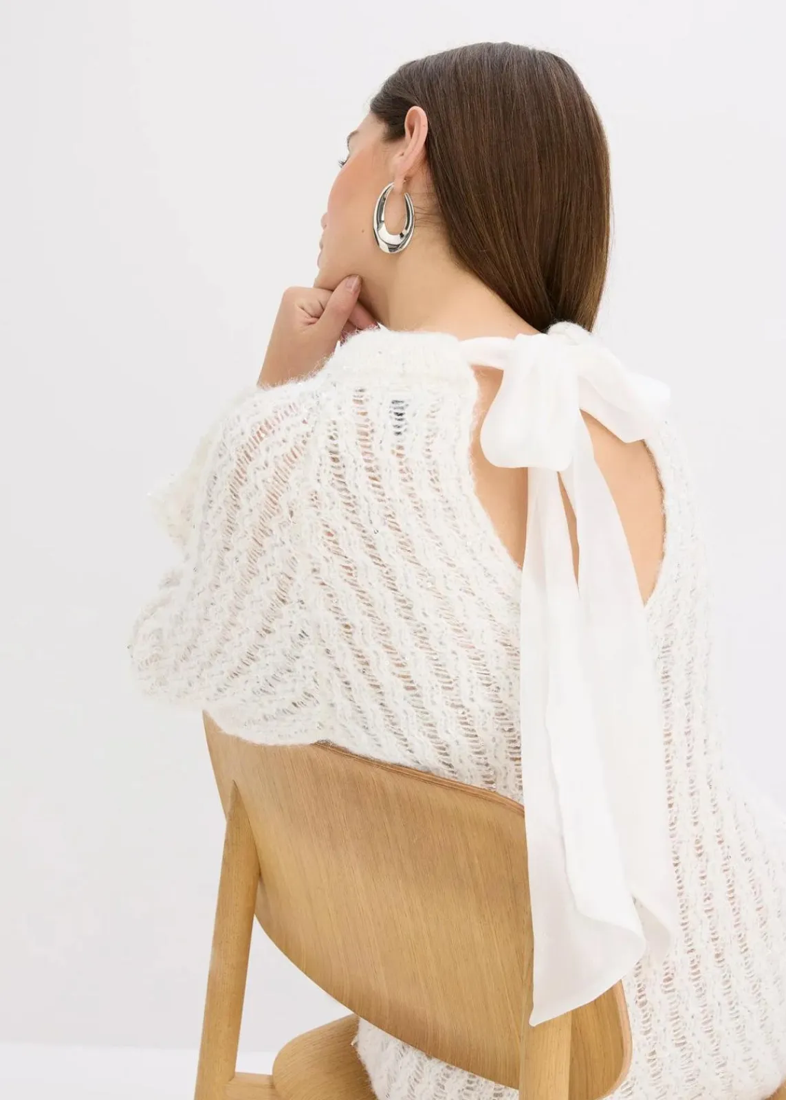 bonprix Bekleidung·Umstandsmode|Strickmode^Mini-Strickkleid mit Satin-Schleife und leichter Transparenz wollweiß