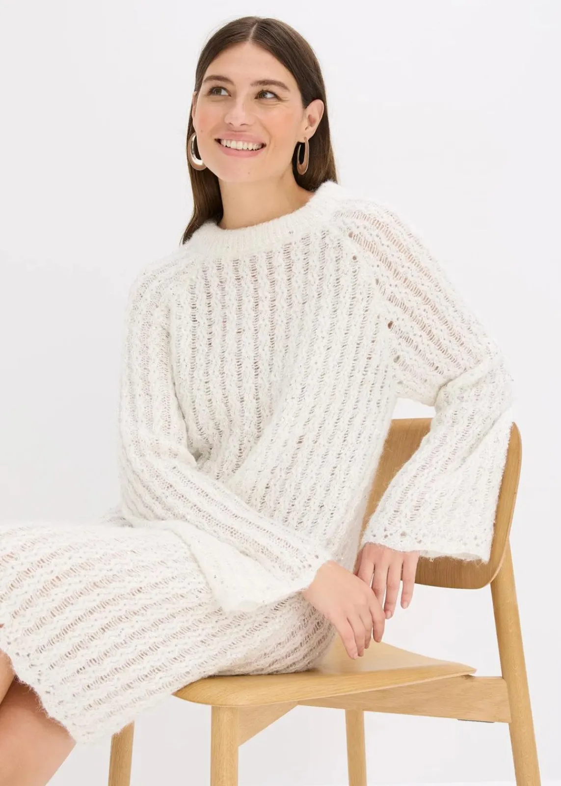 bonprix Bekleidung·Umstandsmode|Strickmode^Mini-Strickkleid mit Satin-Schleife und leichter Transparenz wollweiß