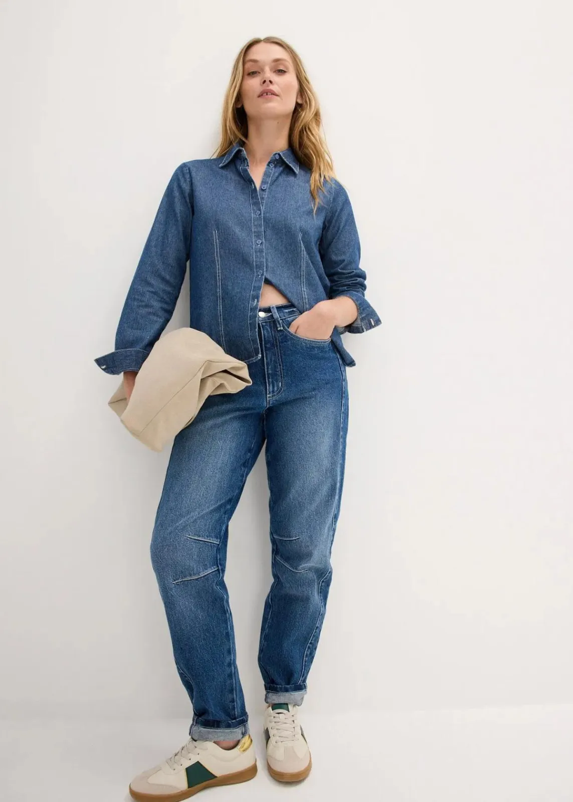 bonprix Bekleidung·Shirts & Tops|Jeans^Mom Jeans High Waist blau denim used