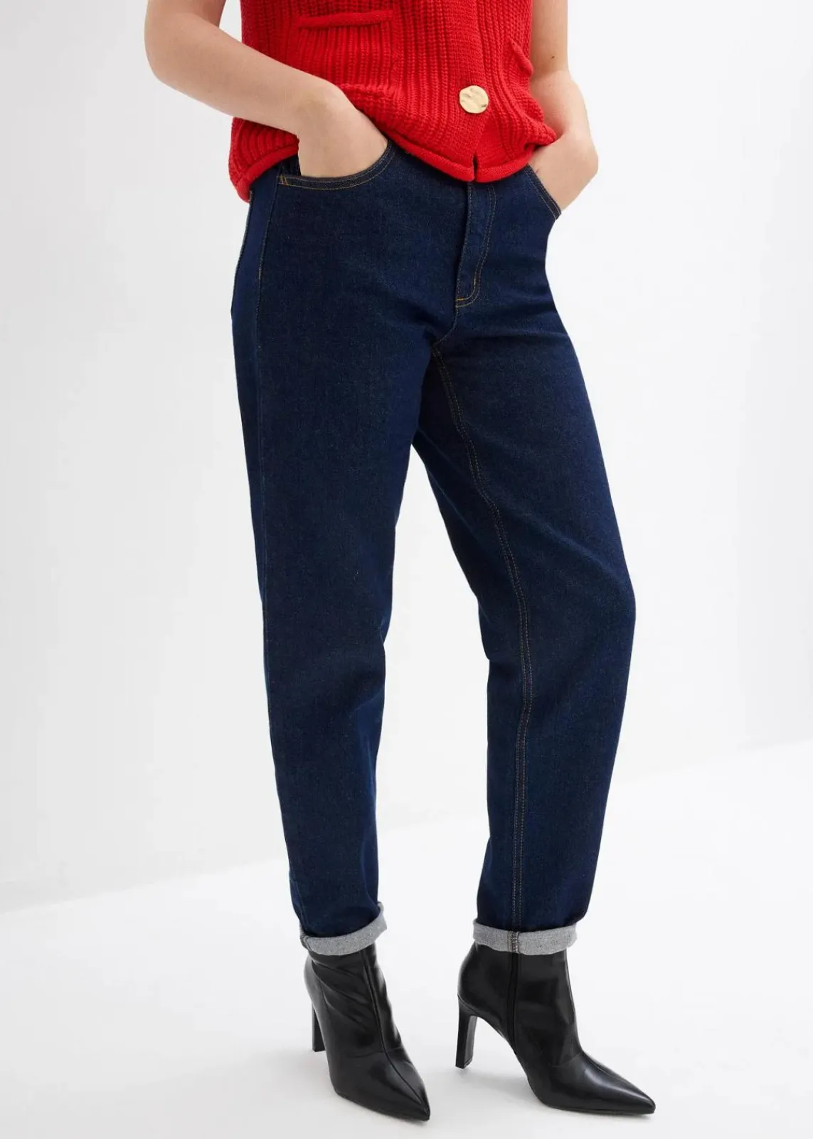 bonprix Bekleidung·Shirts & Tops|Jeans^Mom Jeans High Waist, cropped tiefblau denim ungewaschen