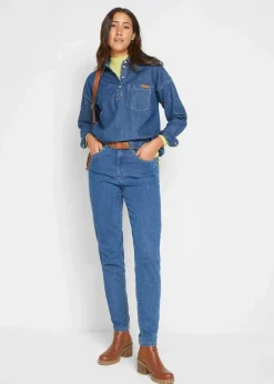 bonprix Bekleidung·Shirts & Tops|Jeans^Mom Jeans High Waist, Stretch blau denim used