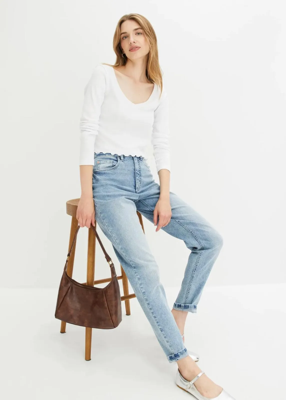 bonprix Jeans|Bekleidung·Shirts & Tops^Mom Jeans High Waist, Stretch hellblau denim used