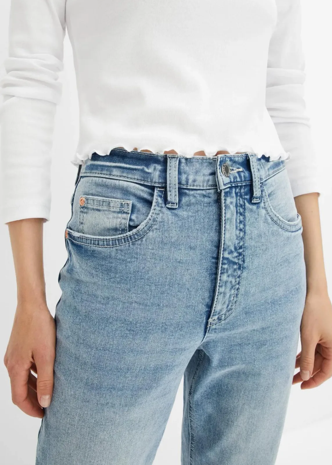 bonprix Jeans|Bekleidung·Shirts & Tops^Mom Jeans High Waist, Stretch hellblau denim used