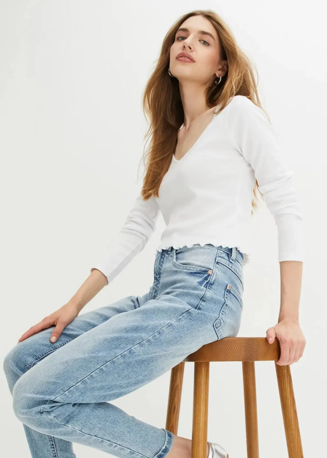 bonprix Jeans|Bekleidung·Shirts & Tops^Mom Jeans High Waist, Stretch hellblau denim used