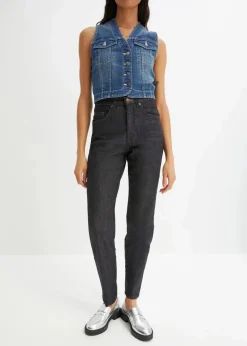 bonprix Jeans|Bekleidung·Shirts & Tops^Mom Jeans High Waist, Stretch schwarz denim used