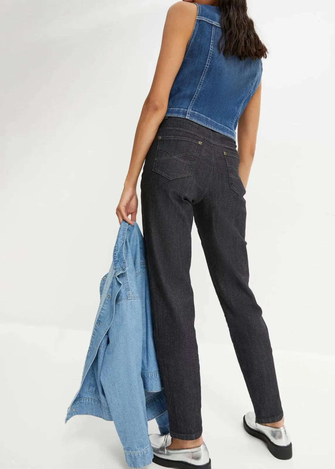 bonprix Jeans|Bekleidung·Shirts & Tops^Mom Jeans High Waist, Stretch schwarz denim used