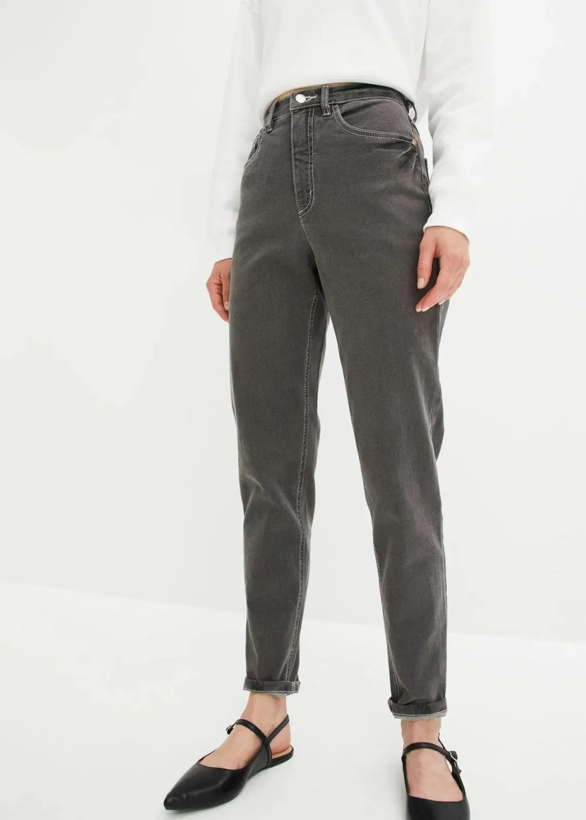 bonprix Bekleidung·Shirts & Tops|Jeans^Mom Jeans High Waist, Stretch dunkelgrau denim used
