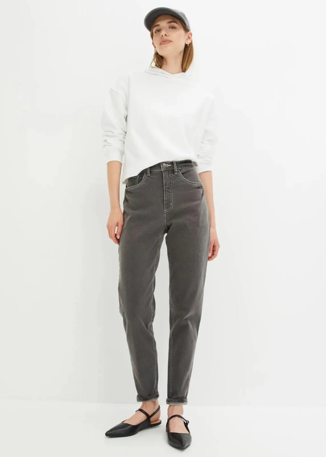 bonprix Bekleidung·Shirts & Tops|Jeans^Mom Jeans High Waist, Stretch dunkelgrau denim used