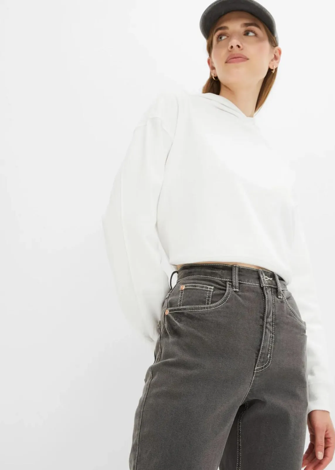 bonprix Bekleidung·Shirts & Tops|Jeans^Mom Jeans High Waist, Stretch dunkelgrau denim used