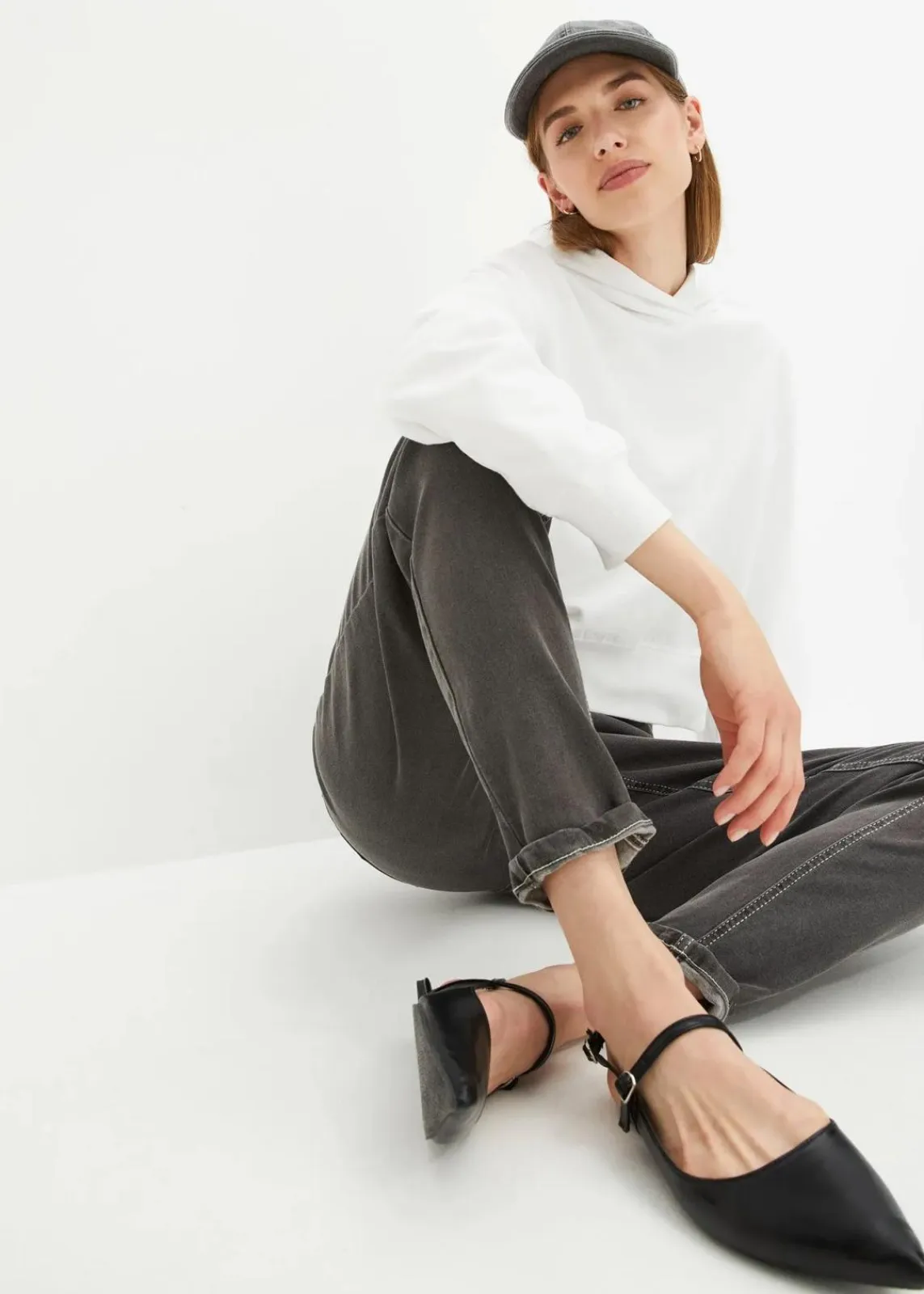 bonprix Bekleidung·Shirts & Tops|Jeans^Mom Jeans High Waist, Stretch dunkelgrau denim used