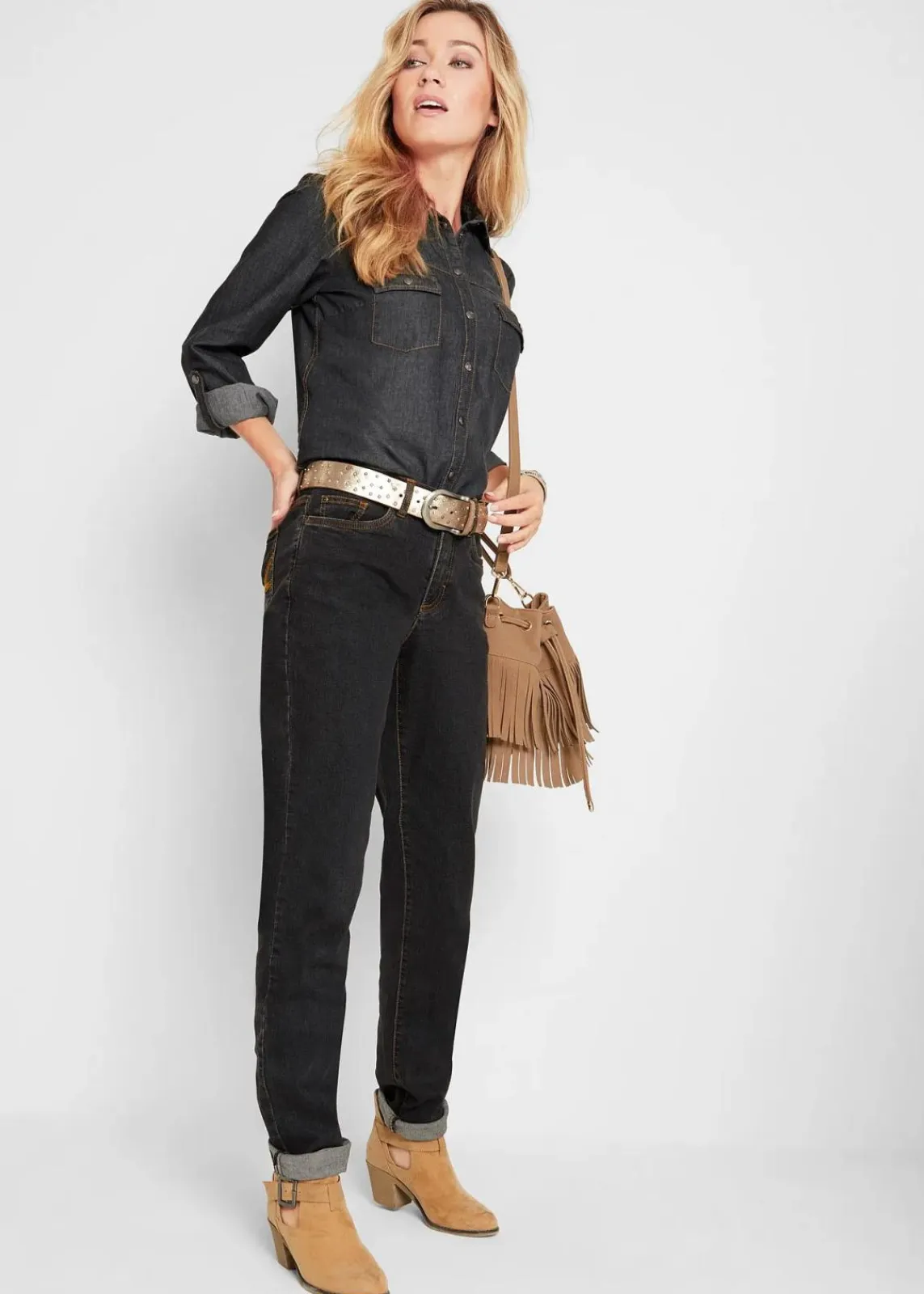 bonprix Jeans|Bekleidung·Shirts & Tops^Mom Jeans Mid Waist, long schwarz