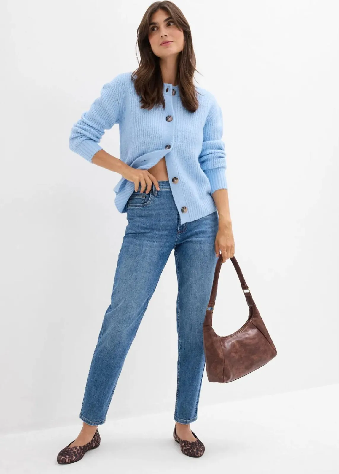bonprix Bekleidung·Shirts & Tops|Jeans^Mom-Jeans High Waist, cropped mittelblau denim used