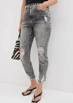 bonprix Jeans|Bekleidung·Shirts & Tops^Mom-Jeans High Waist mit Destroy-Effekten grau denim used