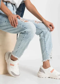bonprix Bekleidung·Shirts & Tops|Jeans^Mom-Jeans High Waist mit Destroy-Effekten blau used