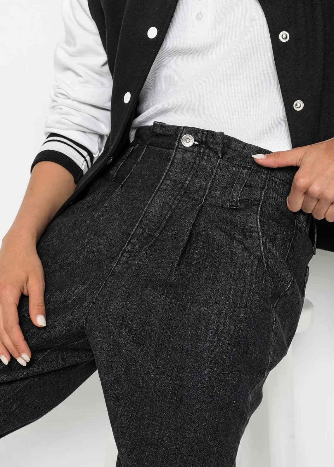 bonprix Bekleidung·Shirts & Tops|Jeans^Mom-Jeans, High Waist, Stretch schwarz denim
