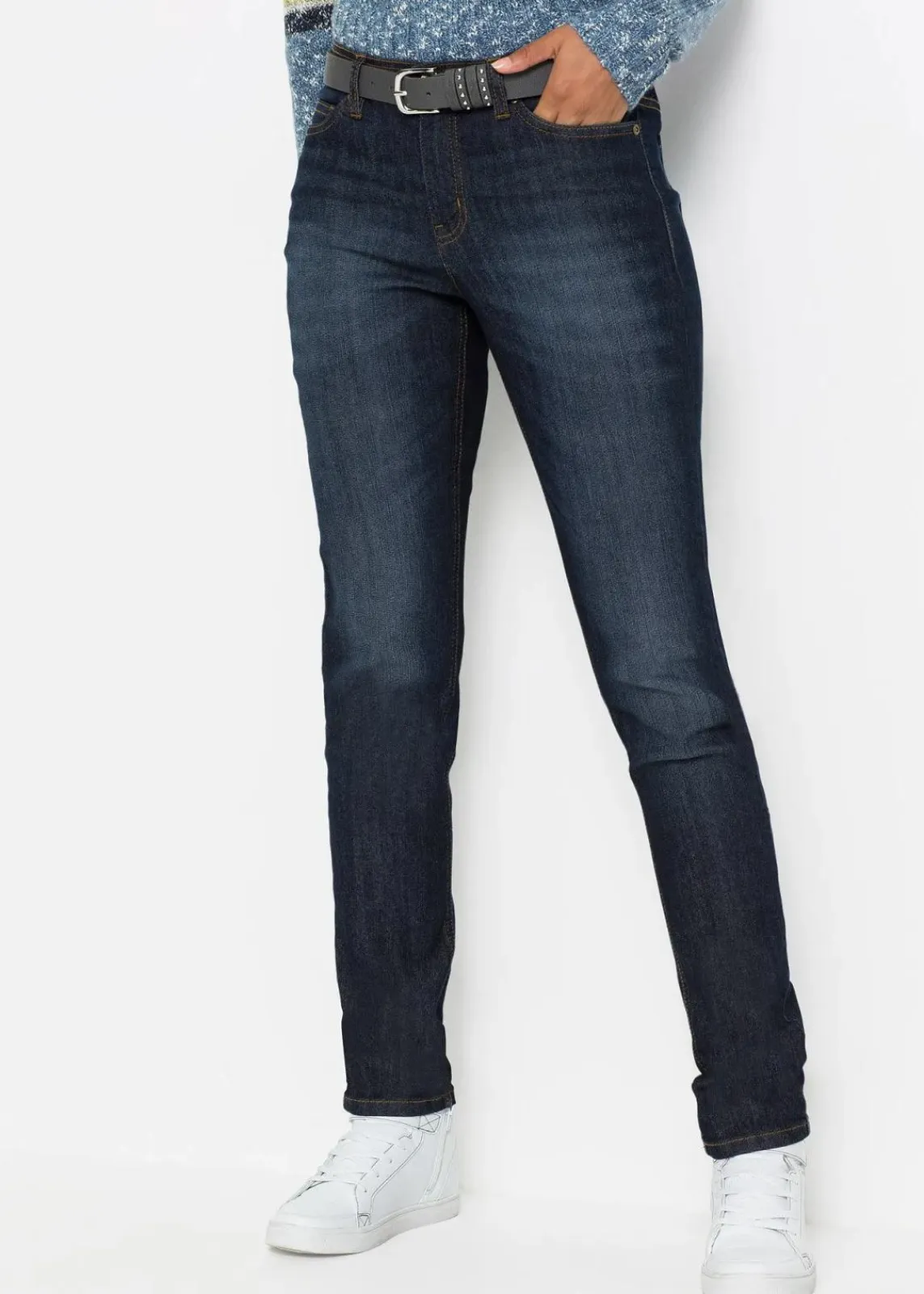 bonprix Kurzgrößen|Bekleidung·Shirts & Tops^Mom-Jeans Mid Waist, Komfort-Stretch dunkelblau used