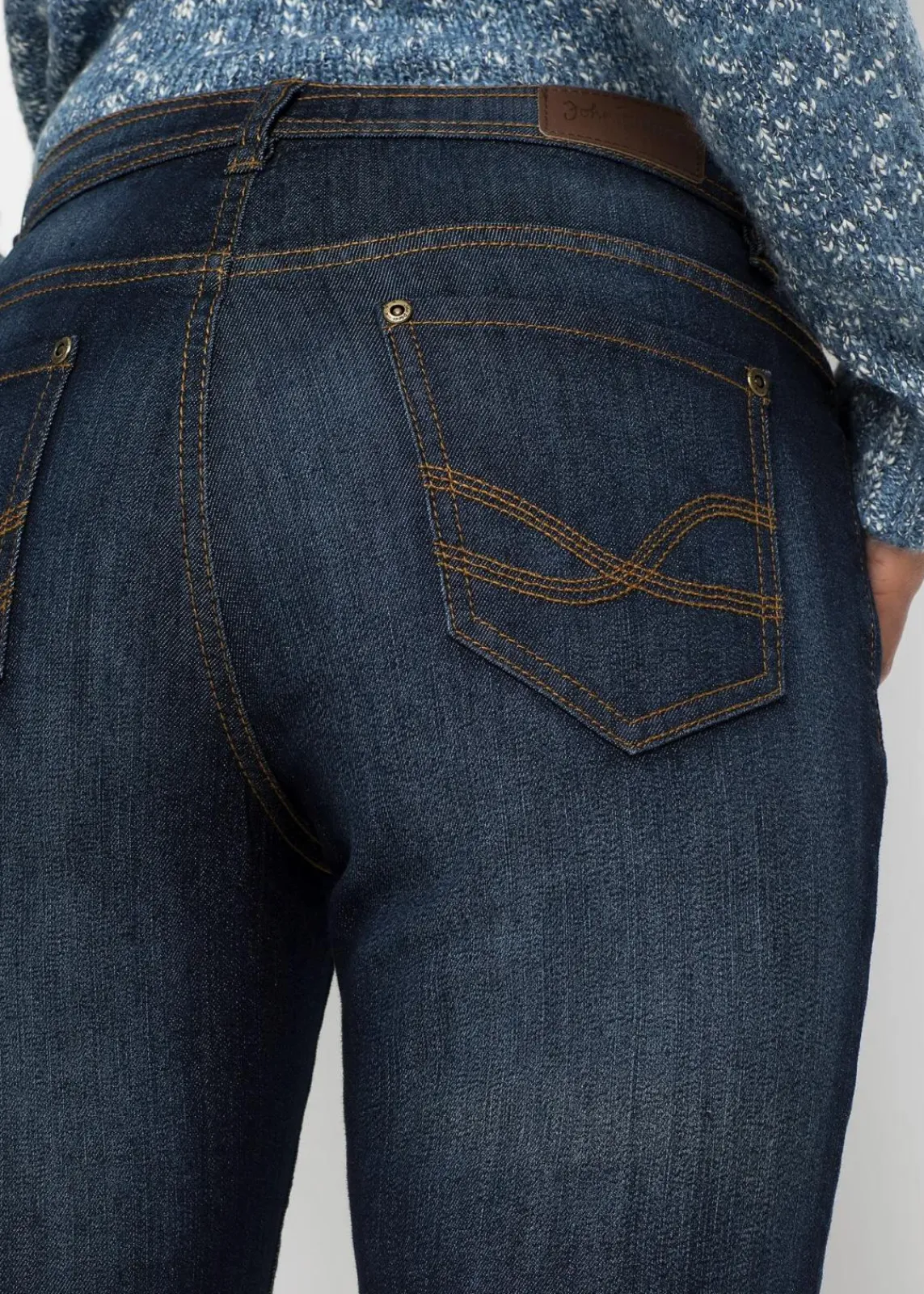 bonprix Jeans|Kurzgrößen^Mom-Jeans Mid Waist, Komfort-Stretch dunkelblau used