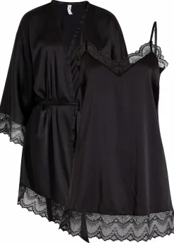 bonprix Wäsche·Dessous|Wäsche·Bademäntel^Morgenmantel-Set: Kimono + Negligé (2-tlg. Set) schwarz