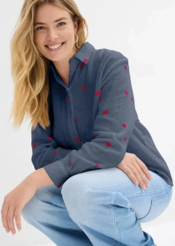bonprix Blusen & Tuniken|Bekleidung·Jacken & Mäntel^Musselin-Bluse mit Herzen dunkelblau/dunkelrot bedruckt