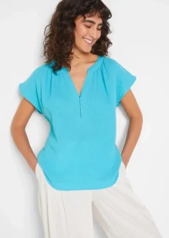 bonprix Blusen & Tuniken|Bekleidung·Jacken & Mäntel^Musselin-Blusentop aus reiner Baumwolle tiefaqua