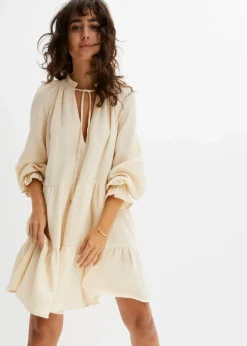 bonprix Bekleidung·Pullover & Strickjacken|Kleider^Musselin-Kleid kieselbeige