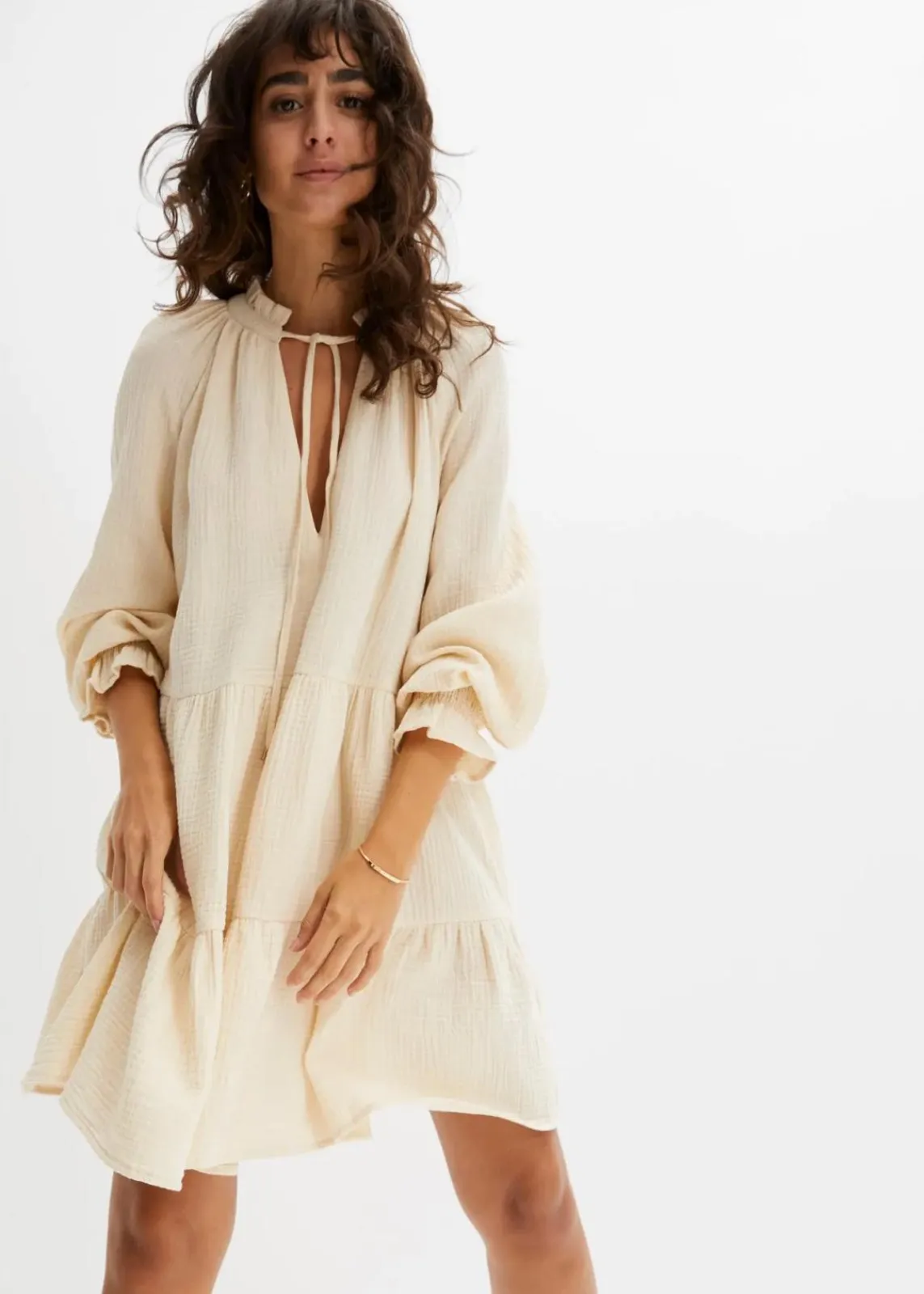 bonprix Bekleidung·Pullover & Strickjacken|Kleider^Musselin-Kleid kieselbeige