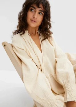 bonprix Bekleidung·Pullover & Strickjacken|Kleider^Musselin-Kleid kieselbeige