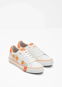 Mustang High Heels|Sneaker^Sneaker mit Stickerei weiß/hellorange/hellviolett geblümt