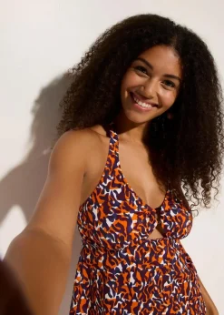 bonprix Nachhaltigere Materialien|Tankinis^Neckholder-Tankini mit Ringdetail (2-tlg.Set) lila/hellbraun leo bedruckt