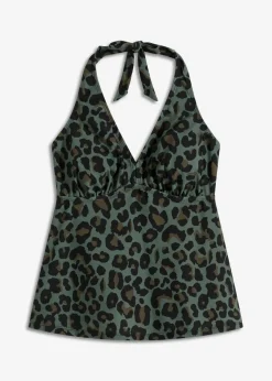 bonprix Nachhaltigere Materialien|Mix & Match^Neckholder-Tankinioberteil mit V-Ausschnitt khaki/schwarz leo bedruckt