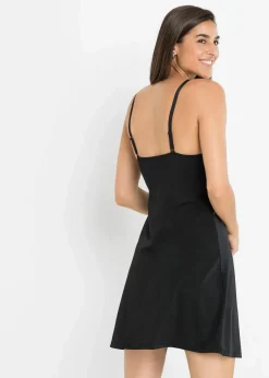 bonprix Wäsche·Corsagen & Negligés|Wäsche·Dessous^Negligé aus glänzendem Satin mit Spitzenbesatz schwarz/steingrau