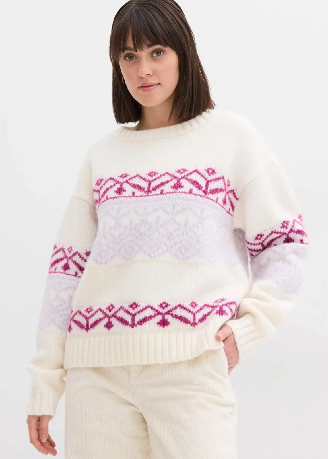 bonprix Bekleidung·Umstandsmode|Pullover & Strickjacken^Norweger-Pullover perlweiß bedruckt