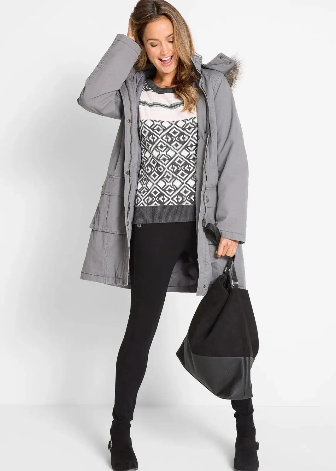 bonprix Bekleidung·Umstandsmode|Bekleidung·Jeans^Norweger-Pullover anthrazit meliert graphisch bedruckt