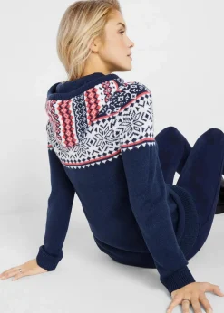 bonprix Bekleidung·Umstandsmode|Bekleidung·Jeans^Norweger-Pullover mit Kapuze dunkelblau norwegermuster