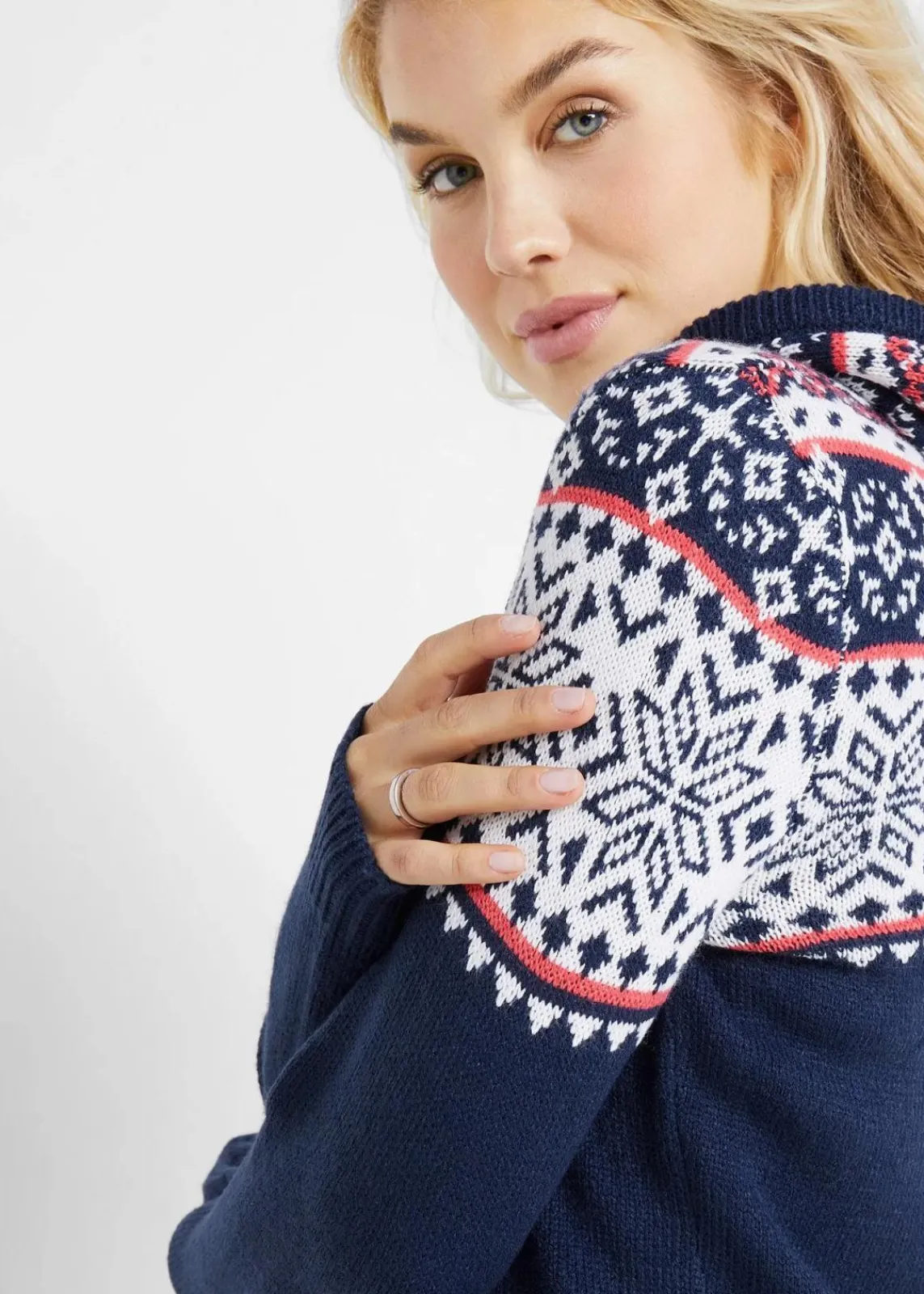 bonprix Bekleidung·Umstandsmode|Bekleidung·Jeans^Norweger-Pullover mit Kapuze dunkelblau norwegermuster