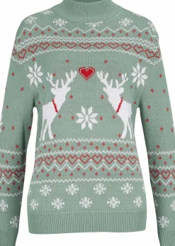 bonprix Bekleidung·Umstandsmode|Bekleidung·Jeans^Norweger-Pullover mit Turtleneck rauchgrün norwegermuster