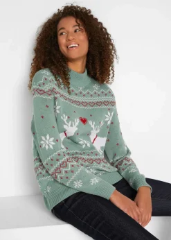 bonprix Bekleidung·Umstandsmode|Bekleidung·Jeans^Norweger-Pullover mit Turtleneck rauchgrün norwegermuster