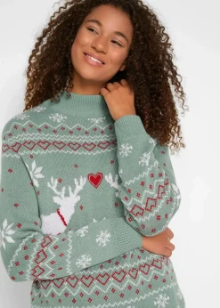 bonprix Bekleidung·Umstandsmode|Bekleidung·Jeans^Norweger-Pullover mit Turtleneck rauchgrün norwegermuster