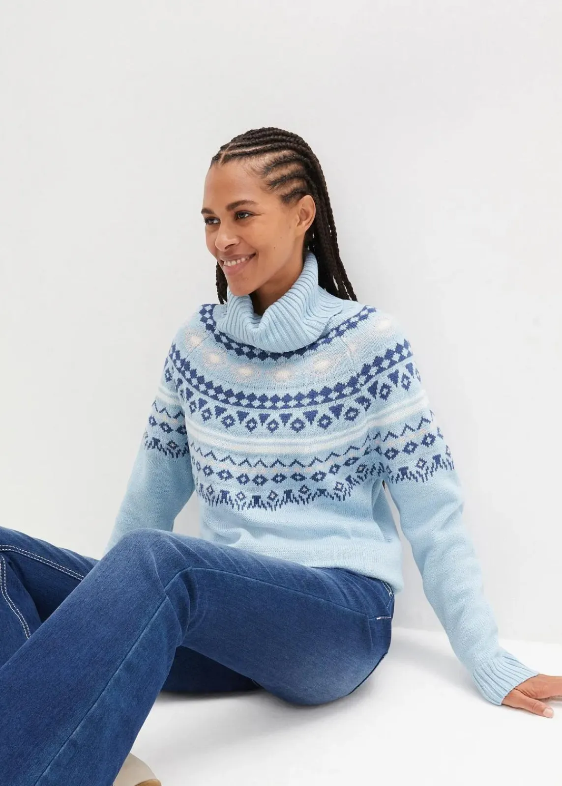 bonprix Bekleidung·Umstandsmode|Bekleidung·Jeans^Norweger-Rollkragenpullover nebelblau norwegermuster
