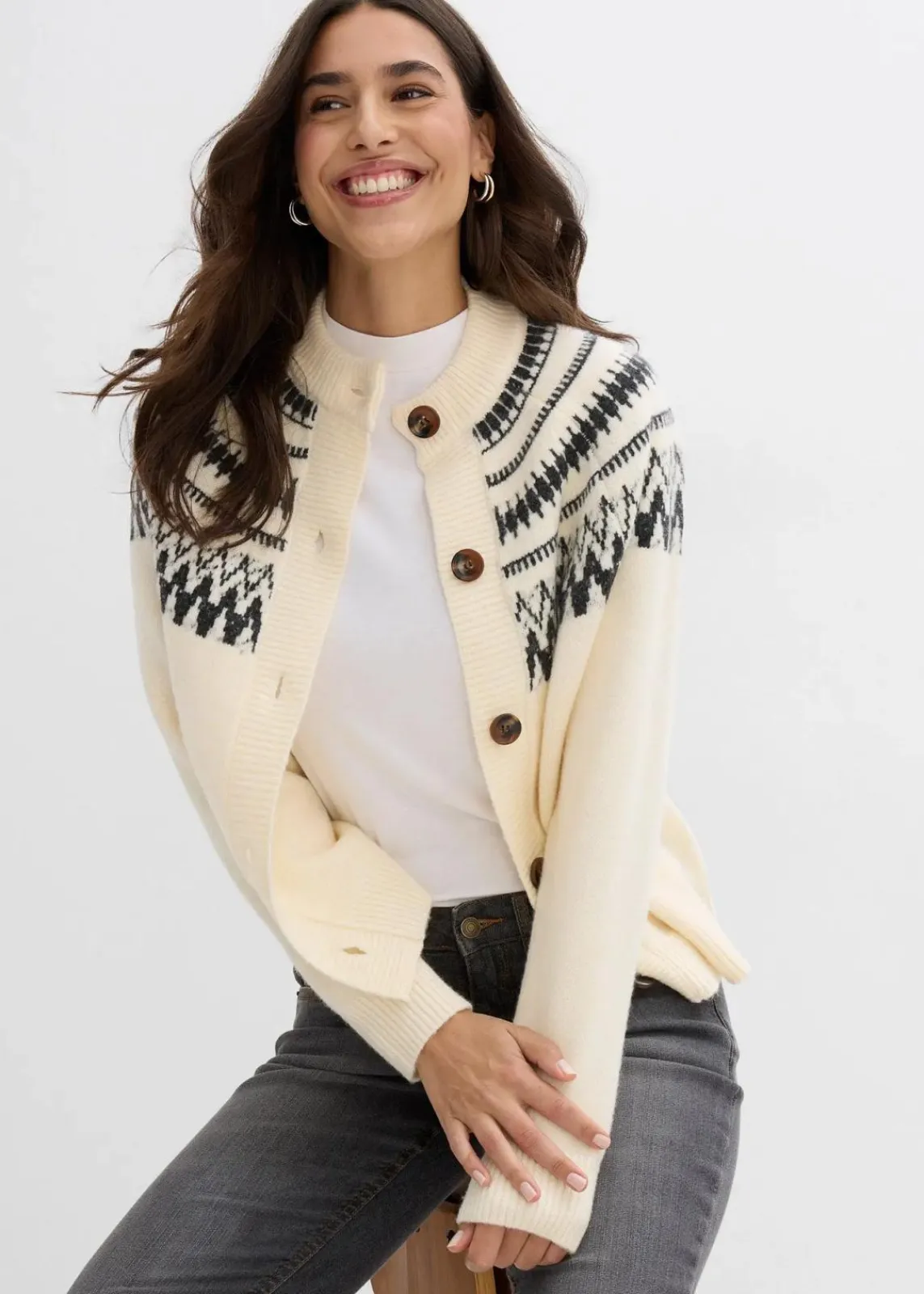 bonprix Bekleidung·Jeans|Nachhaltigere Materialien^Norweger-Strickjacke naturbeige norwegermuster