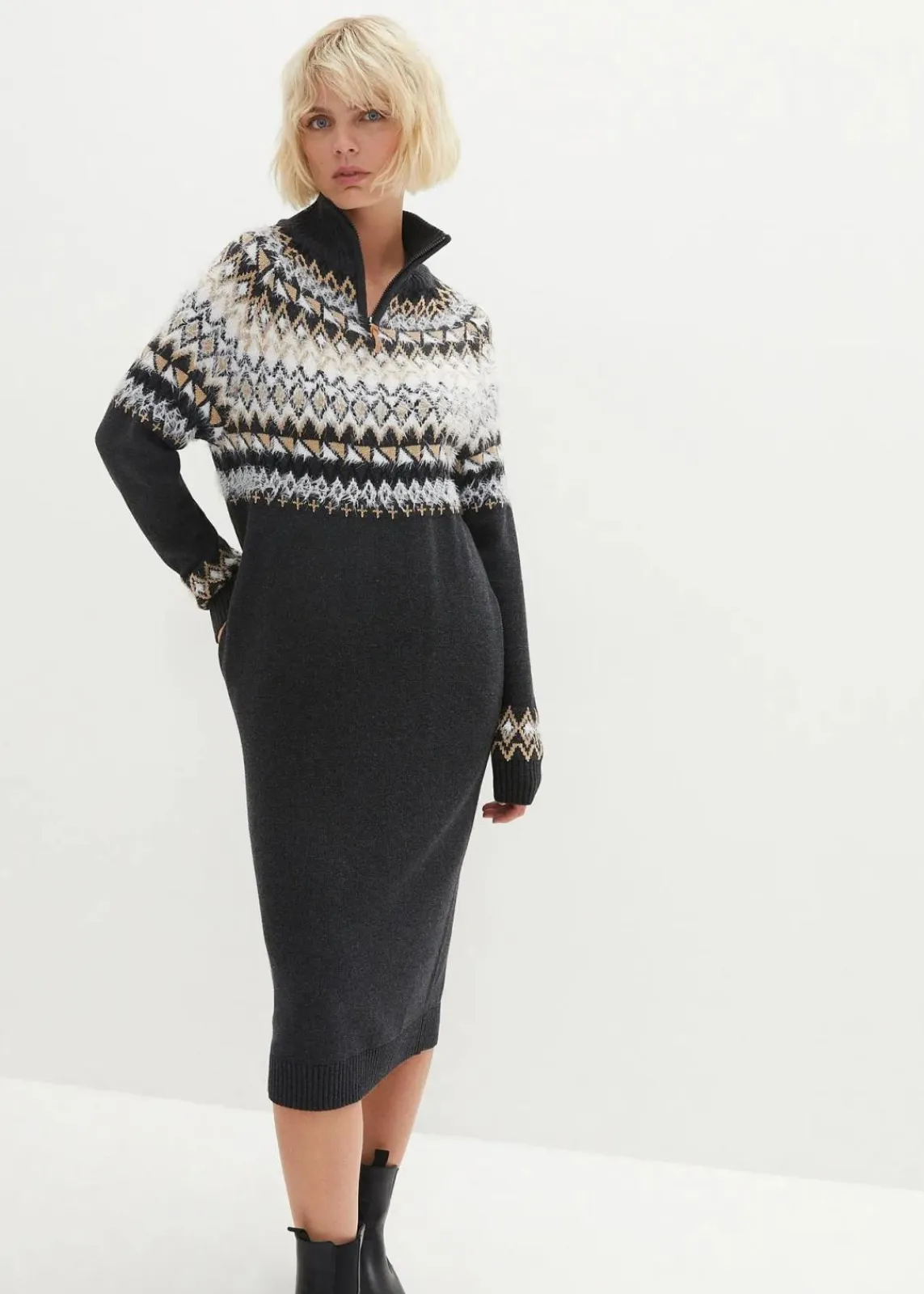 bonprix Bekleidung·Umstandsmode|Kleider^Norweger-Strickkleid anthrazit meliert/wollweiß norwegermuster