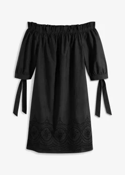 bonprix Kleider^Off-Shoulder-Kleid aus reiner Baumwolle mit Lochstickerei schwarz