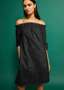 bonprix Kleider^Off-Shoulder-Kleid aus reiner Baumwolle mit Lochstickerei schwarz