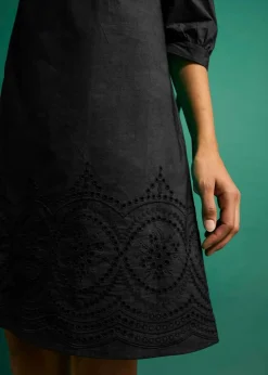 bonprix Kleider^Off-Shoulder-Kleid aus reiner Baumwolle mit Lochstickerei schwarz