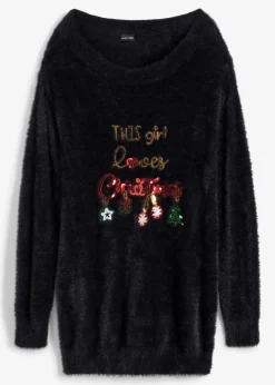 bonprix Bekleidung·Jeans|Pullover & Strickjacken^Off-Shoulder-Pullover mit Weihnachtsmotiv schwarz