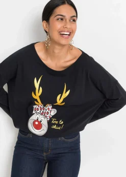bonprix Shirts & Tops^Off-Shoulder-Shirt mit Weihnachtsmotiv schwarz