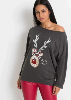 bonprix Shirts & Tops^Off-Shoulder-Shirt mit Weihnachtsmotiv anthrazit meliert