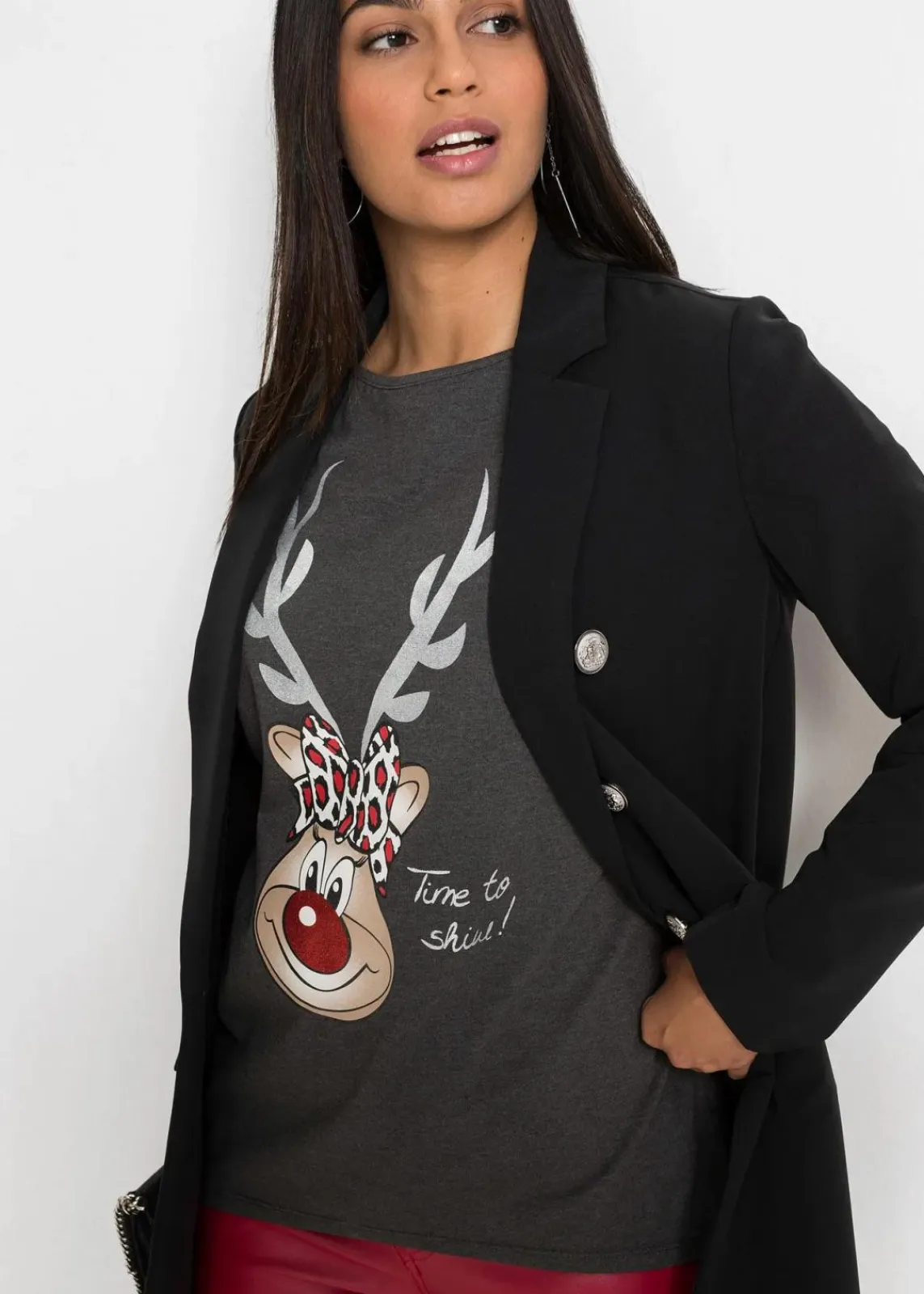 bonprix Shirts & Tops^Off-Shoulder-Shirt mit Weihnachtsmotiv anthrazit meliert